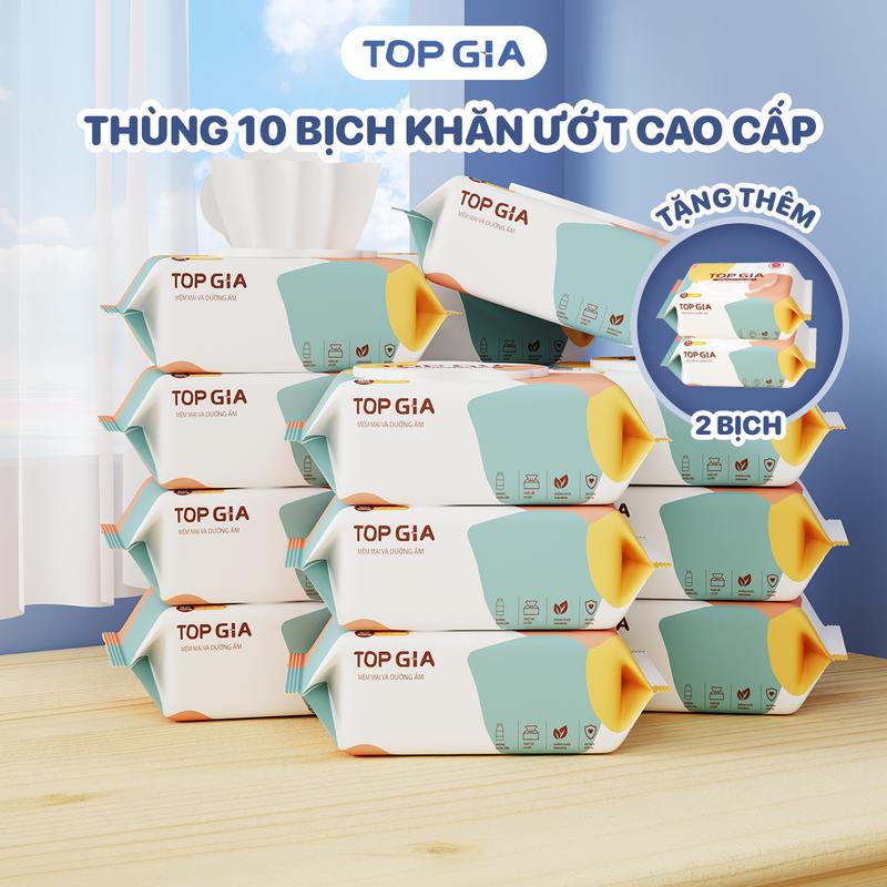 [Mua 10 tặng 2] Combo 10 bịch khăn ướt Topgia 80 tờ mềm mịn kích thước 15x20cm tặng thêm 2 bịch cùng loại khăn ướt không cồn không parabens an toàn cho bé-Khăn Giấy