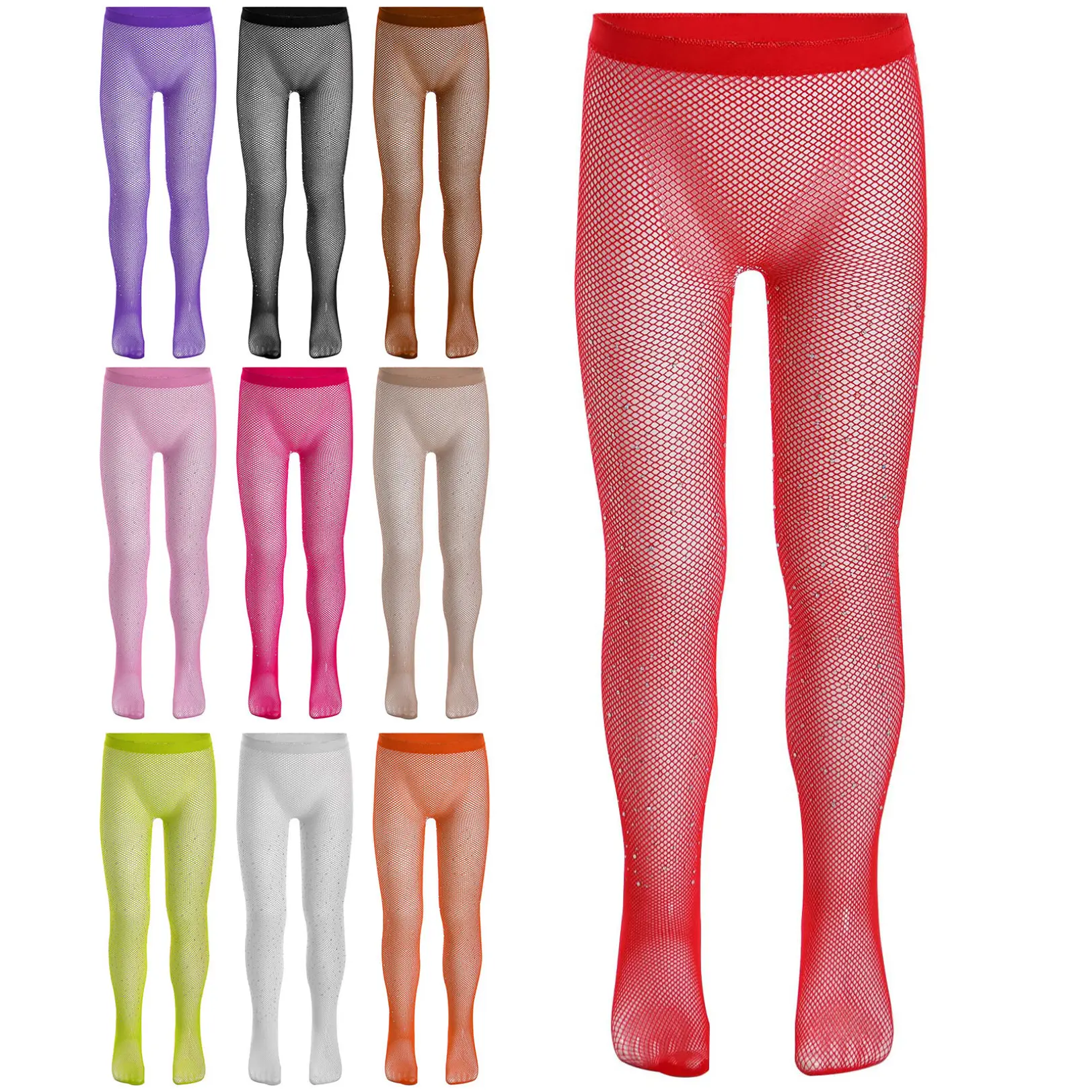 Renvena  Kids Girls Figure Skating Pantyhose Glittery Rhinestones See-Through Hollow Out Fishnet Footed Leggings for Dance Practice Performance