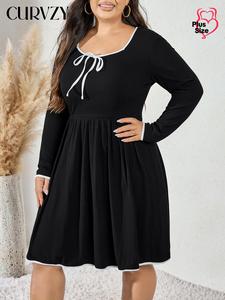 CURVZY Plus Size Contrast Binding Bow Front Dress, Casual Long Sleeve Round Neck A Line Dress for Fall, Women's Clothes for Daily Wear