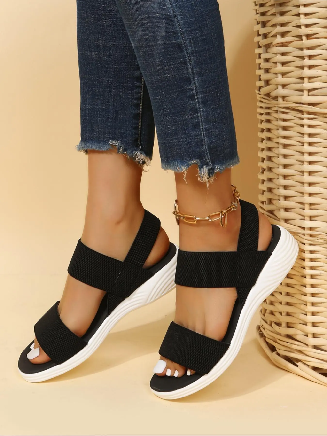 Women's Summer 2024 Simple Plain Color Sports Sandals, Lightweight Comfortable Soft Fashion Sandals, Casual Elastic Band Thick-soled Sandals for Daily Life