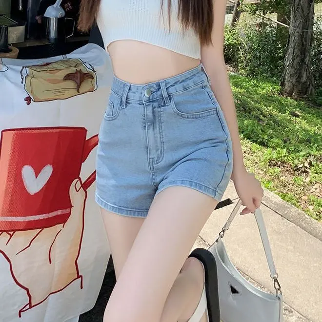 Light Blue Denim Shorts Women's Summer Thin New High Waist Slim Stretch Hot Girl A- line Hot Pants Ins Fashion