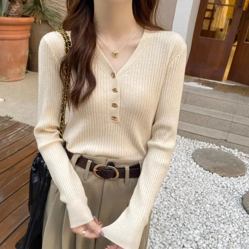 Áo Lót Cho Nữ, Phong Cách Cổ Điển, Trang Phục Mùa Xuân Bên Trong, Cổ Chữ V, Đồ Len, Áo Len dẻo Mềm Mại, Dài Tay, Áo Đầu Xuân, Hàng Mới Về Năm 2024