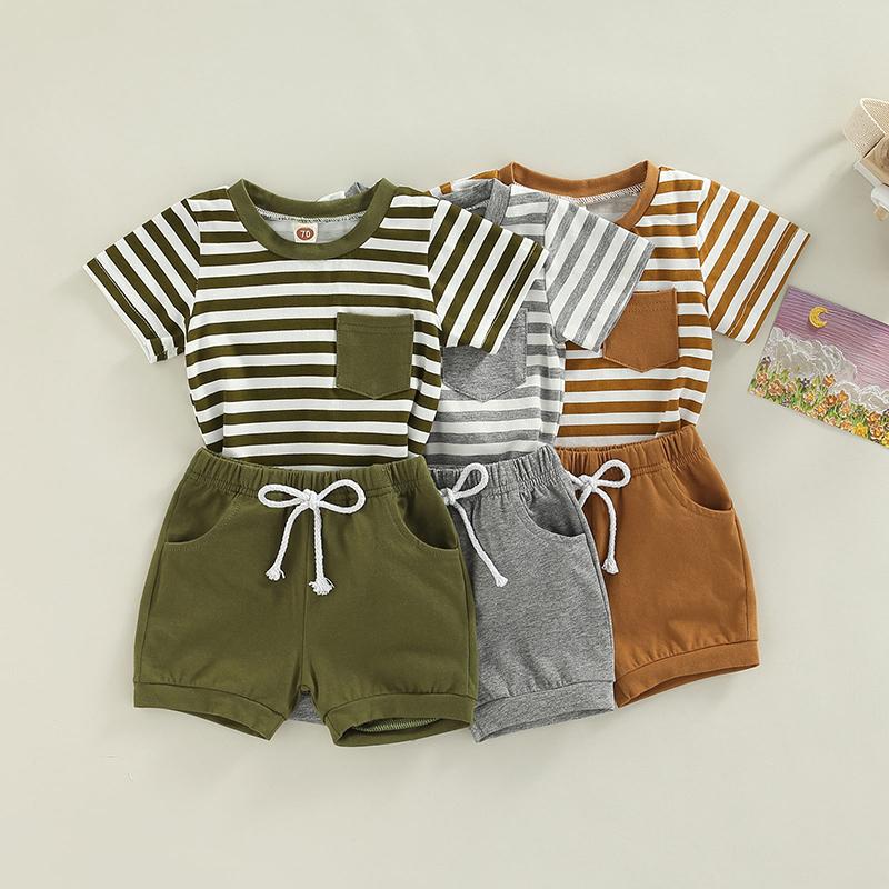 Product Introduction of Baby Boys Short Set, Short Sleeve Stripes T-shirt with Elastic Waist Shorts Summer Outfit soft and cool 39