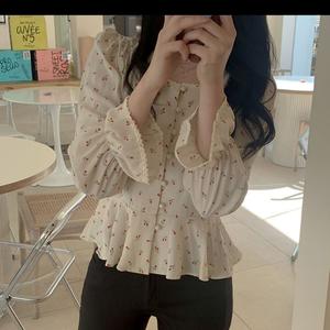 เสื้อเชิ้ต คอปก สาวอึนดัน ฉลาด เกาหลีใต้ เยาวชน โรแมนติก ฤดูกาล อ่อนโยน ลายดอกไม้เล็ก ทรงสลิมฟิต สั้น ยาว