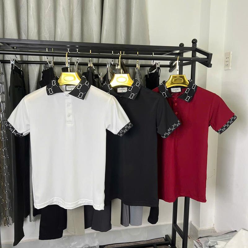Áo Thun Polo Nam thêu viền vai hoạt tiết C 3 màu cổ đen thêu chữ tay bo thêu chất vải co dãn thoáng mát Menswear Shirt Polo có cổ tay ngắn cộc tay Ngắn Tay áo polo áo polo