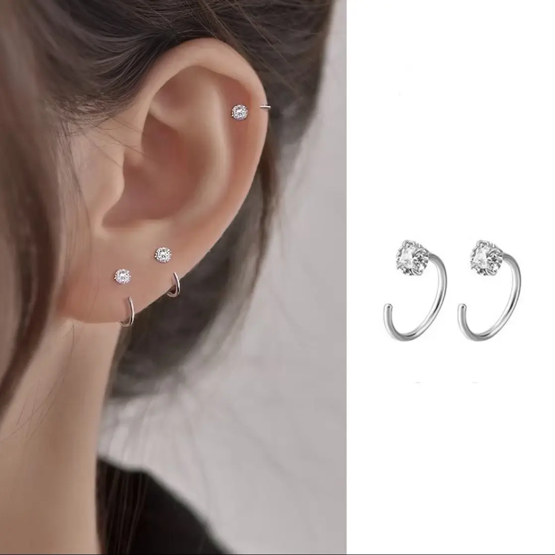 [051] Bông tai bạc móc đá đen trắng SolSilver