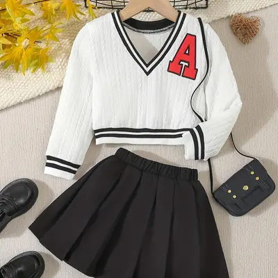 V-Neck Striped Two-Piece Sweater Skirt Set V-Neck Striped Two-Piece Sweater Skirt Set