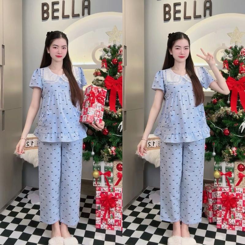 [ BỘ DÀI ] ( 40 - 95kg ) Đồ Bộ - Đồ Ngủ Caro Cổ Trắng Có Túi Tay Ngắn Quần Lững, Có Khoá Ti Cho Bé