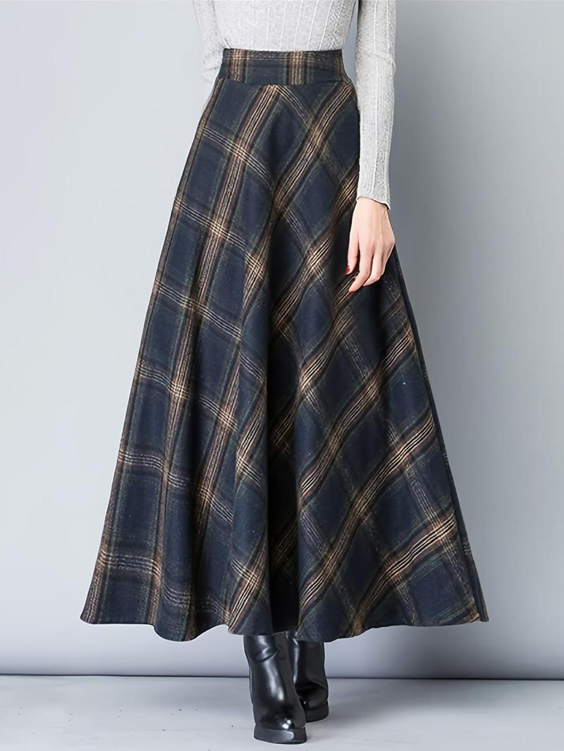 Product Introduction of Women's Plaid Print Pocket High Waist Skirt, Casual Fashion Long Skirt for Daily Outdoor Wear, Women's Bottoms for Spring & Fall 5