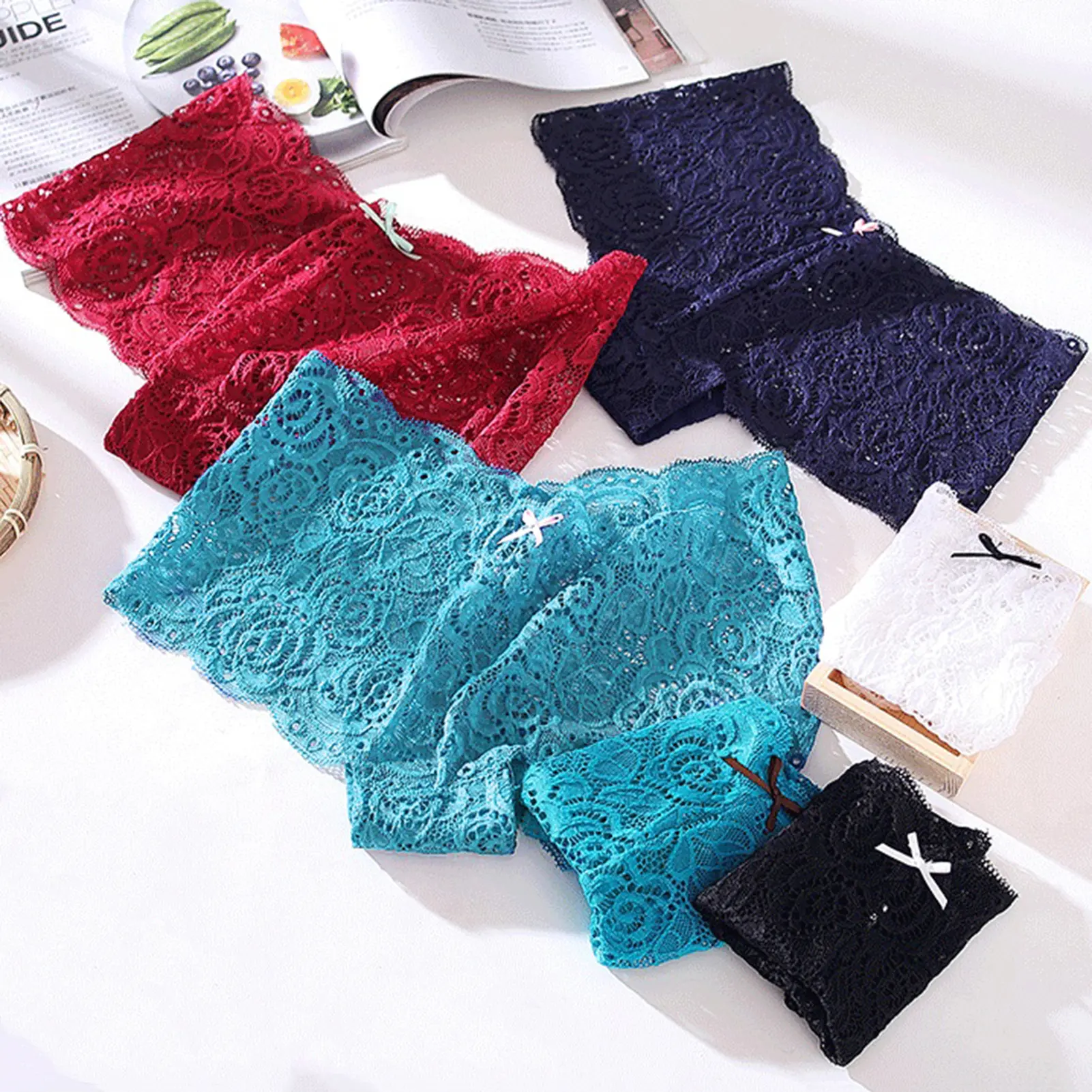 Mid-rise Solid Color Seamless Women Panties See-through Crochet Floral Lace Briefs