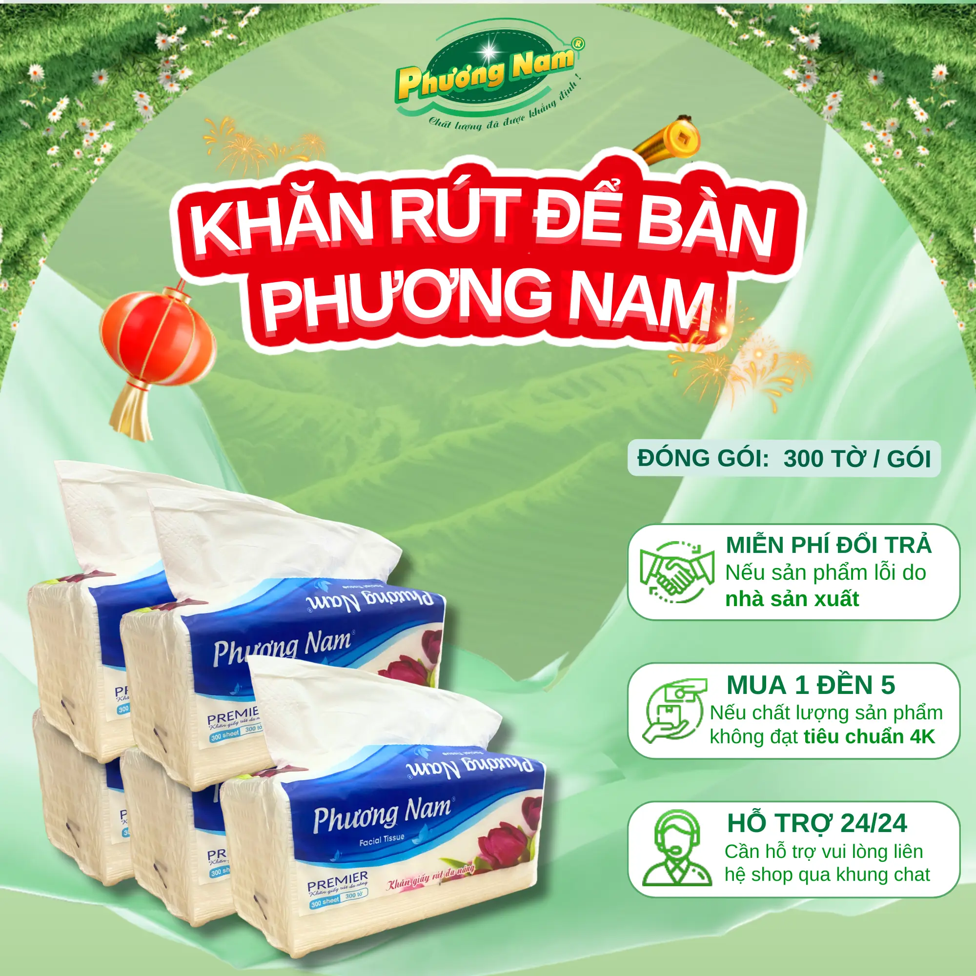 [MUA 5 TĂNG 10] Khăn Giấy Rút 300 Tờ Để  Bàn Phương Nam - An Toàn Gọn Gàng Cho Gia Đình - 300 tờ - TẶNG 10 BỊCH KHĂN LẠNH CAO CẤP