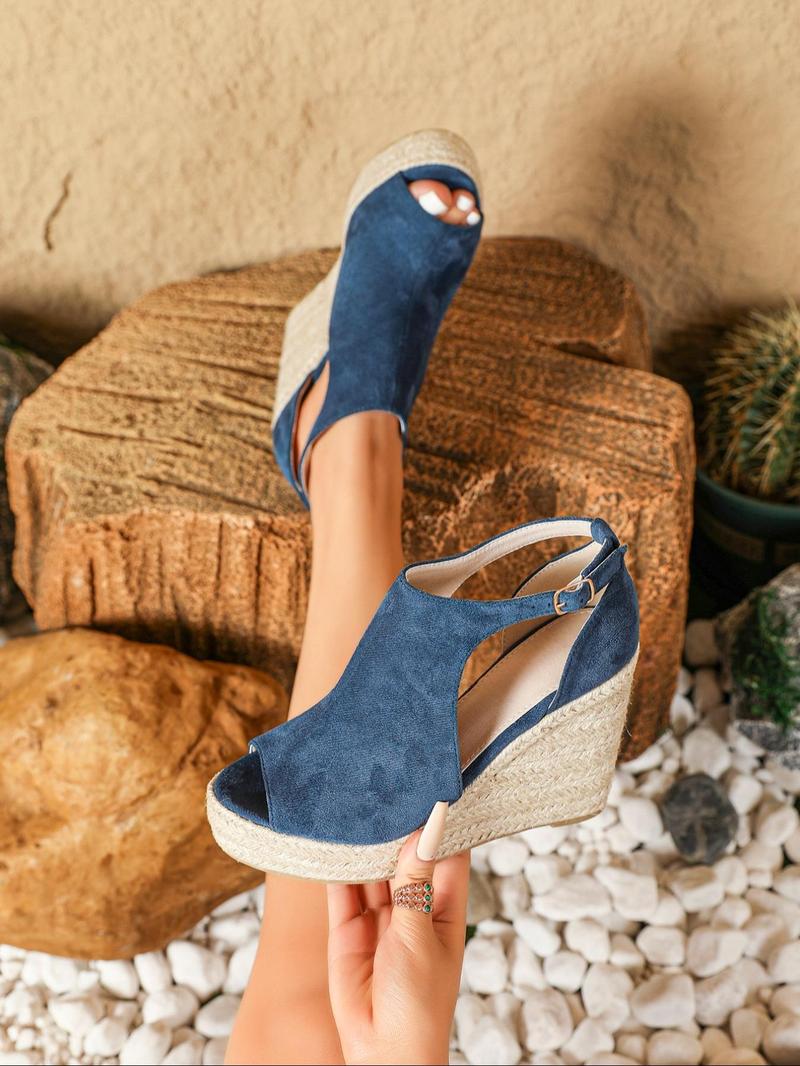 Product Introduction of Women's Fashionable Espadrille Peep Toe Wedge Sandals, Trending Sandals, Casual Hollow Out Design Buckle Decor Flatform Shoes, Beach Party Vacation Footwear, Fashion Shoes for Daily Clothing Decor 5