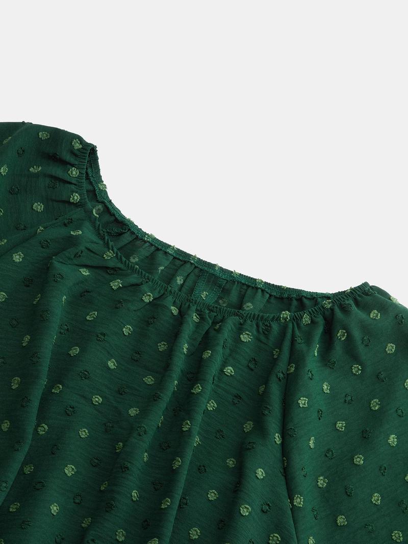 Product Introduction of CURVZY Plus Size Polka Dot Jacquard Blouse, Casual Half Sleeve Round Neck Top for Summer, Women's Plus Clothing for Daily Wear 16