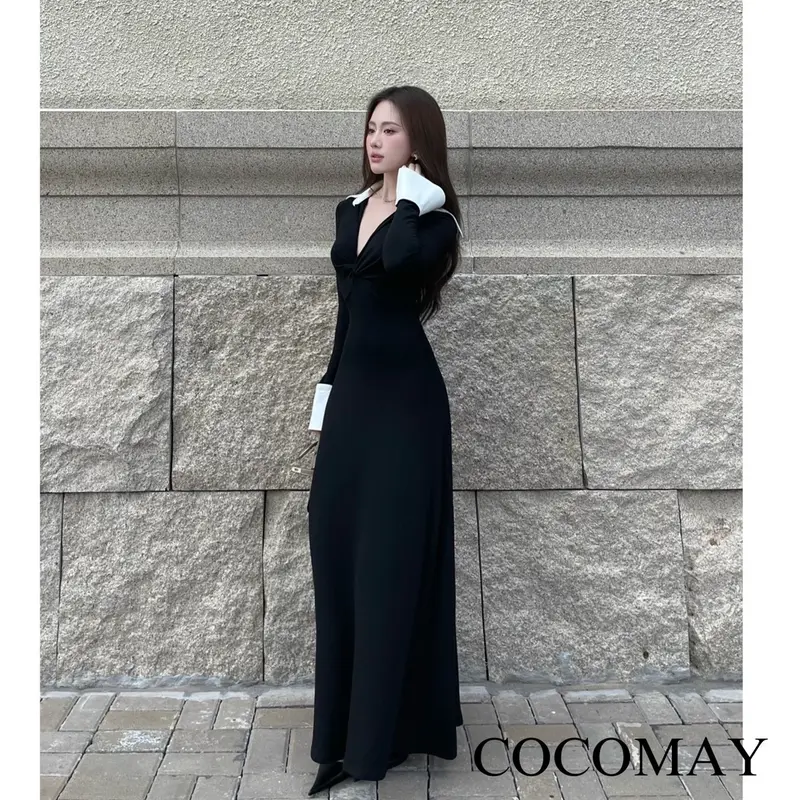 COCOMAY Đầm maxi xoắn ngực tay dài phong cách Nữ Women Dress Đen - Đỏ 5