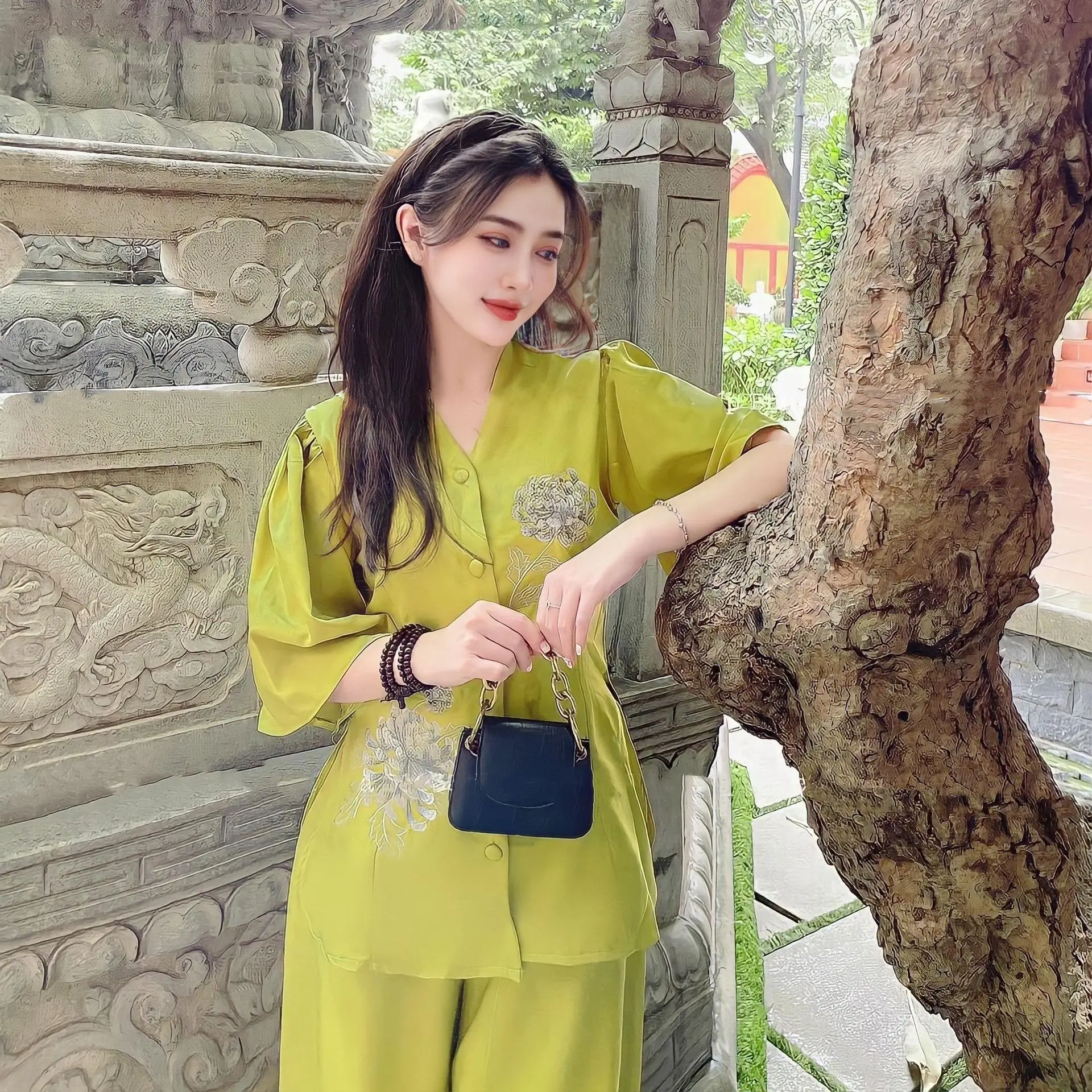 Nguyên bộ chất cotton thêu hoa mẫu đơn tay ngắn-Nữ Women Trắng Top-SÍN STORE- L16