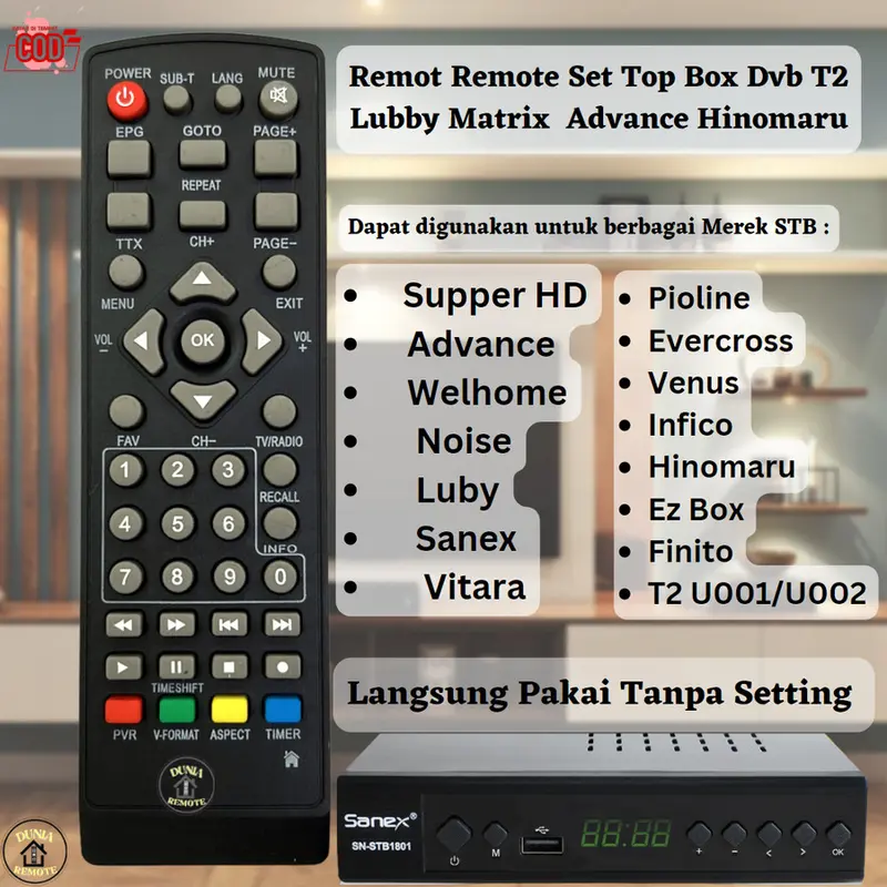 TANPA SETTING!!! Remot Remote Stb Set Top Box Dvb-T2 Luby New/Matrix Silver/Advance/Infico/Supper HD/Wellhome/Noise/Sanex Vitara/Pioline/Evercross/Venus/Hinomaru/EZ Box/Finito/T2 U001/U002/SOGO 0