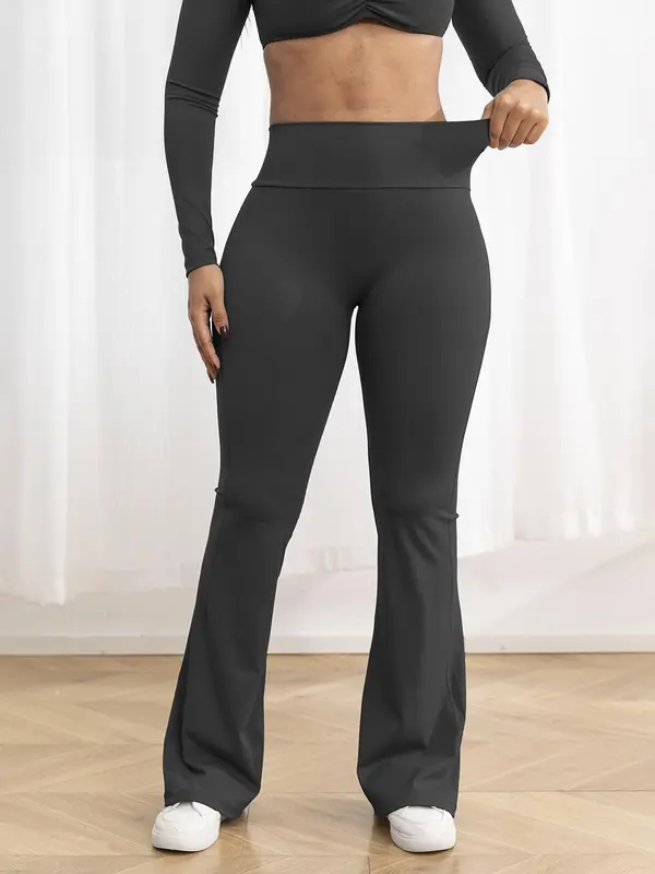 【Plus Size】 Solid Color Flare Leg Sports Pants, High Stretch Yoga Pants, Ladies Sportswear for Indoor Outdoor Wear 7