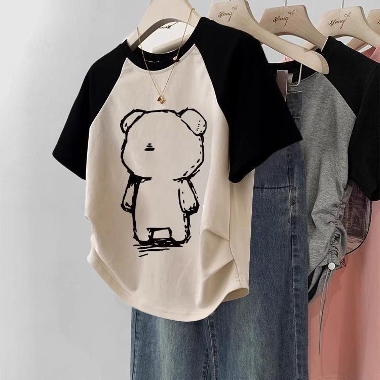 Áo Thun Ngắn Tay Raglan, Áo Ngắn Cổ Điển Mỹ Bất Đối Xứng Thiết Kế Dễ Phối Đồ Mùa Hè Dáng Ôm Xếp Ly Cho Nữ, 2024 Top Women Cổ Tròn 0