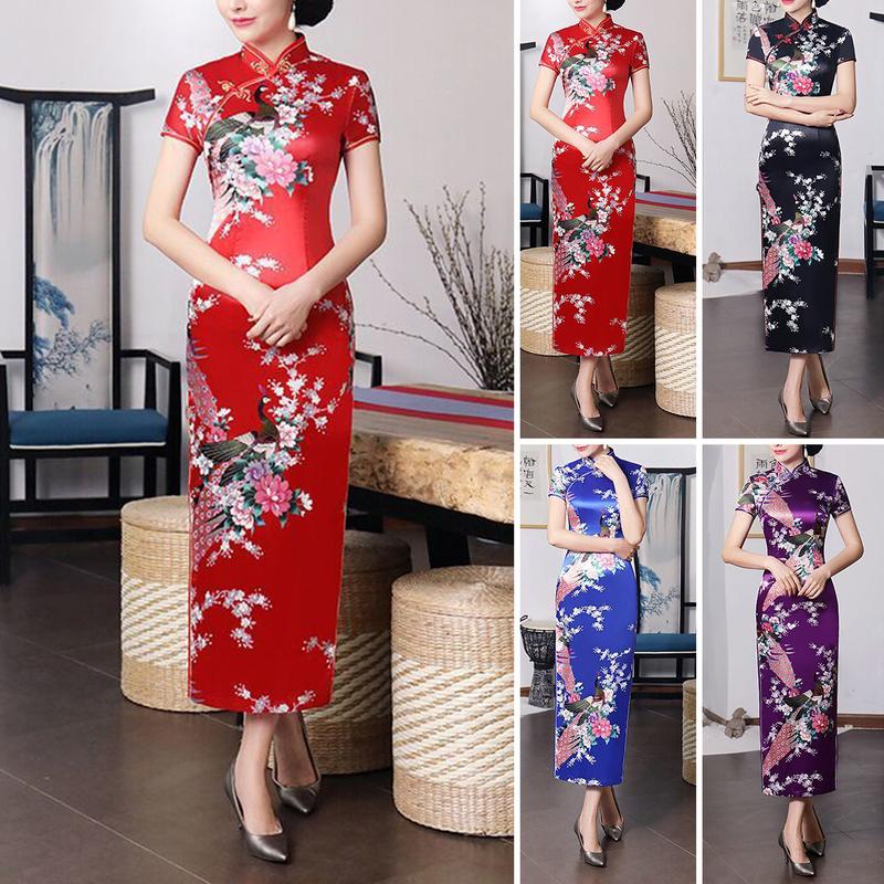 Euyuxan-Váy Phong Cách Quốc Gia Trung Quốc Cho Nữ, In Hoa, Cổ Đứng, Tay Áo Ngắn, Xẻ Tà Bên Cao, Nút Thắt Nút Trung Quốc, Sườn Xám, Satin, Mượt Mà, Vừa Vặn, Mùa Hè, Mùa Xuân, Qipao 0