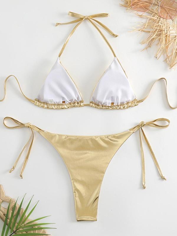 Two-Piece Set Women's Tie Back Halter Bikini Swimsuit, Glitter Fabric Triangle Bra & Tie Side Panty Swimwear for Beach Party Vacation, Women's Swimsuit Sets for Summer, Bathing Suits Bikini Set 2024 for Women 1