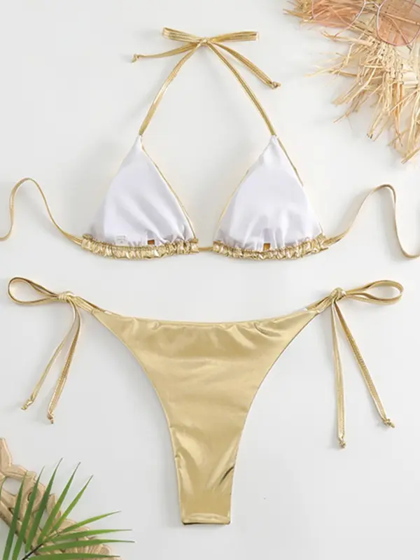 Two-Piece Set Women's Tie Back Halter Bikini Swimsuit, Glitter Fabric Triangle Bra & Tie Side Panty Swimwear for Beach Party Vacation, Women's Swimsuit Sets for Summer, Bathing Suits Bikini Set 2024 for Women 1
