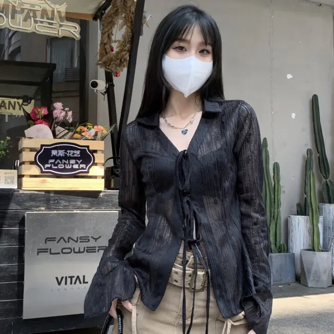 Áo Sơ Mi Ren Jacquard Thiết Kế Còi Chống Nắng, Phong Cách Cô Gái Nóng Bỏng Pháp, Mỏng, Thích Hợp Cho Mùa Xuân Và Mùa Thu, Cardigan Tup, Dễ Thương Và Gợi Cảm Women Top Denim Blazer Shirt Khuy 1