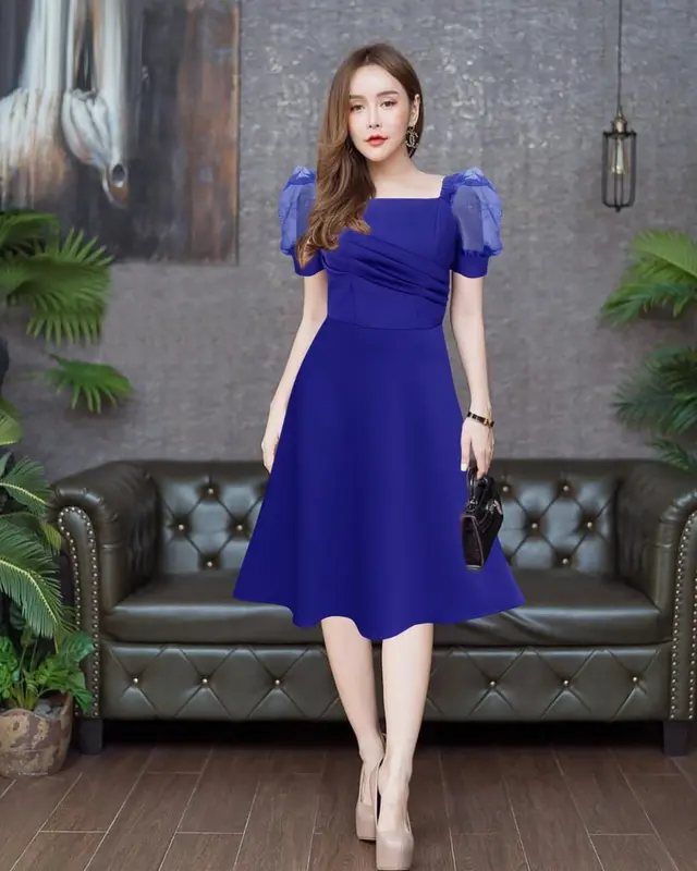 Midi Dress Pesta Lengan Pendek Kerah Sweatheart Terbaru Simple Mewah Elegan Bisa Formal Kasual 3
