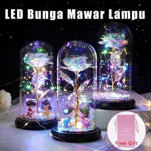 Lampu LED Bunga Mawar Dekorasi Kado Valentine Hiasan, Rose In Glass Dome,Rose Lamp Led Light Baterai