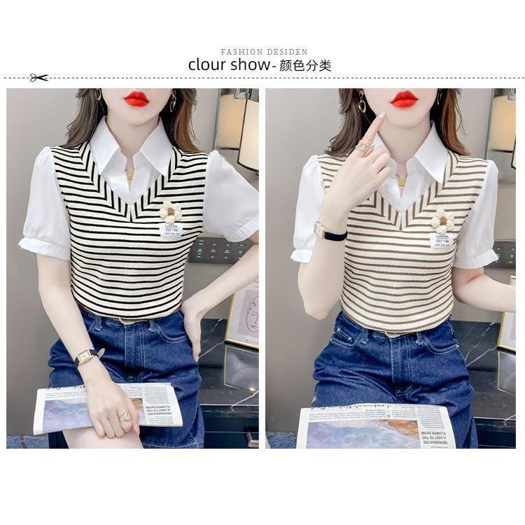 Áo Sơ Mi Ngắn Tay, Thiết Kế Hai Mảnh Giả, Họa Tiết Sọc, Dành Cho Nữ, Phong Cách Trẻ Trung, Hàng Mới Về Mùa Hè 2024, Áo Ngắn Đẹp 5