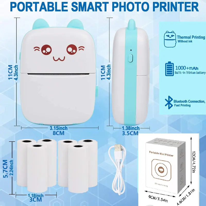 Durable Cute Cartoon Design Portable Thermal Printer, Mobile Wireless Label Printer, Thermal Printer for Ios & Android Smart Phone, Mini Photo Printer Sticker Printer, School Essentials, Thanksgiving Christmas Gift Set Digital Marketing Starter Kit 5