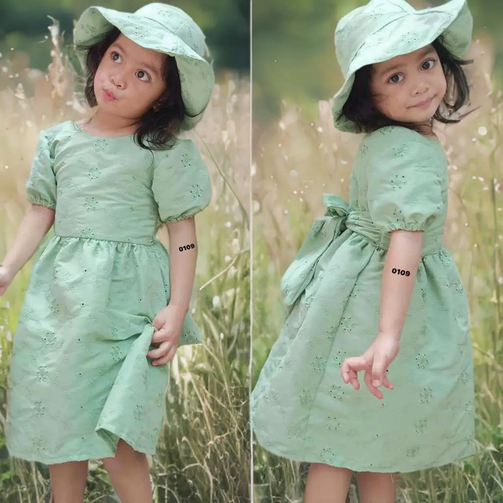 BKK KIDS PARTY DRESS SET W/ HAT/ RIBBON DRESS W/ HAT EYELET FABRIC HIGH & MALL QUALITY