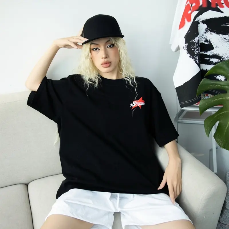 ÁO THUN STAR IN LỤA PHỒNG - UNISEX - 02 MÀU ĐEN/TRẮNG Nam Menswear Cotton Shirt Cổ Tròn boxy  shirt streetwear 5