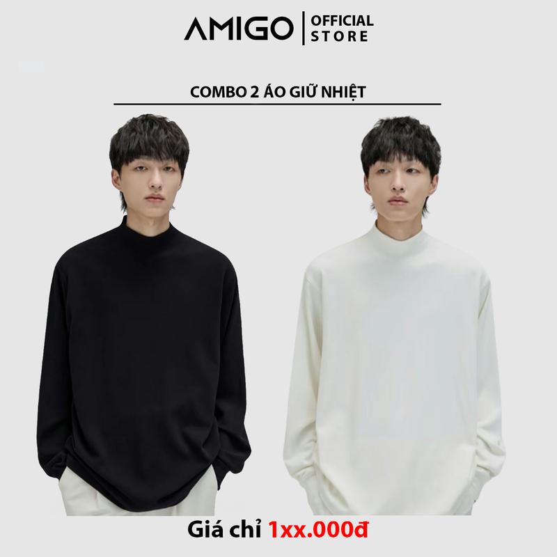 [ Combo Độc Quyền ] 2 Áo Giữ Nhiệt Nam Nữ Dài Tay Cao Cấp AMIGO Thun Cổ Cao Lót Nỉ Bông Co Giãn Giữ Ấm Màu Sắc Trẻ Trung Màu đen