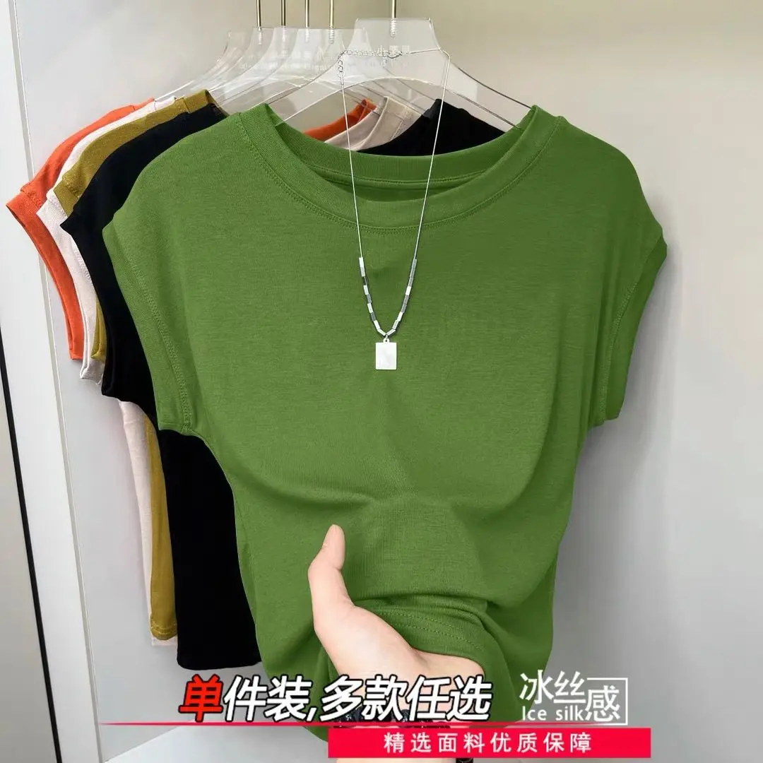 Áo Thun Ngắn Tay Mỏng, Chất Liệu Lụa Lạnh Mùa Hè, Dành Cho Nữ, Thiết Kế Thanh Lịch, Áo Lớp Nền Vai, Thiết Kế Đẹp, Dáng Ôm, Áo Tay Bay