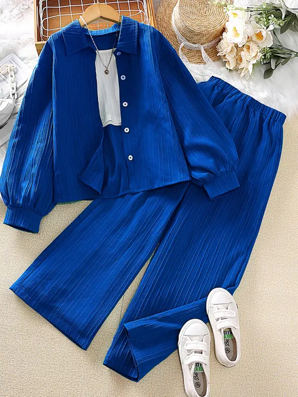 Two-Piece Set Teen Girl's Solid Button Front Lantern Sleeve Blouse & Elastic Waist Pants Set, Casual Long Sleeve Collared Top & Trousers for Fall & Winter, Kids Clothes for Daily Wear 0