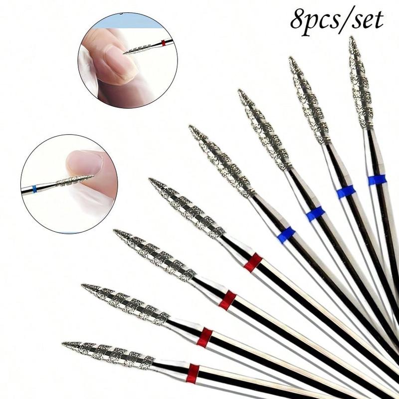Product Introduction of 8pcs Diamond Nail Drill Bit Set, Flame Bit Design, Professional Manicure Pedicure Tool For Cleaning, Smoothing, And Fine Detail Work - 3/32" Shank, Standard And Fine Grit, Disinfectable Cutics 0