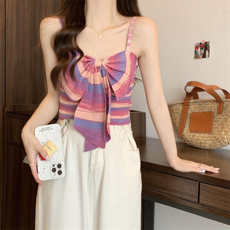 Product Introduction of Sweet and Spicy Style Striped Small Sling Vest Women's Summer Inner Wear Outer Wear Design Sense Niche Bow Sleeveless Short Top turtleneck  tank Lingerie Plaid Spaghetti Strap tank  top camisole  tops baby  tee 17
