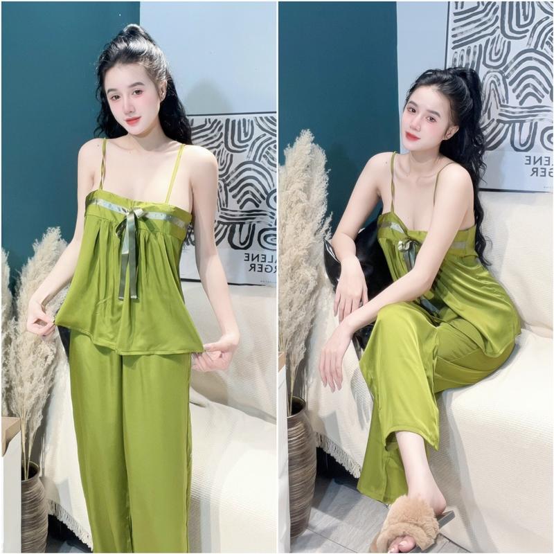Đồ Bộ, Đồ Ngủ Áo 2 Dây Phối Nơ Quần Dài Chất Lụa Latin Mịn Mượt - Freesize Nhung Nữ 4