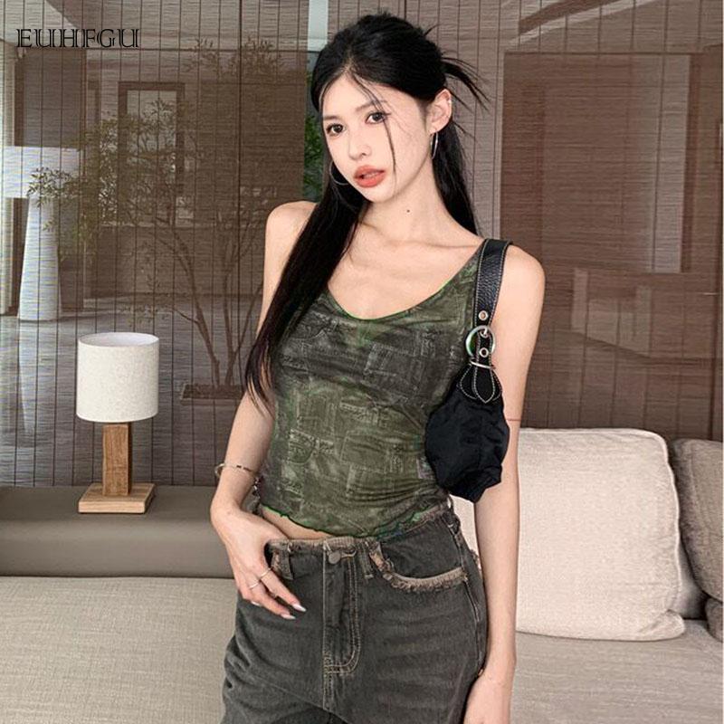 Product Introduction of Women's Summer Fashion Slim Cropped Top Sleeveless U-neck Backless Retro Pattern Printed Vest Simple Versatile Fabric Soft 27