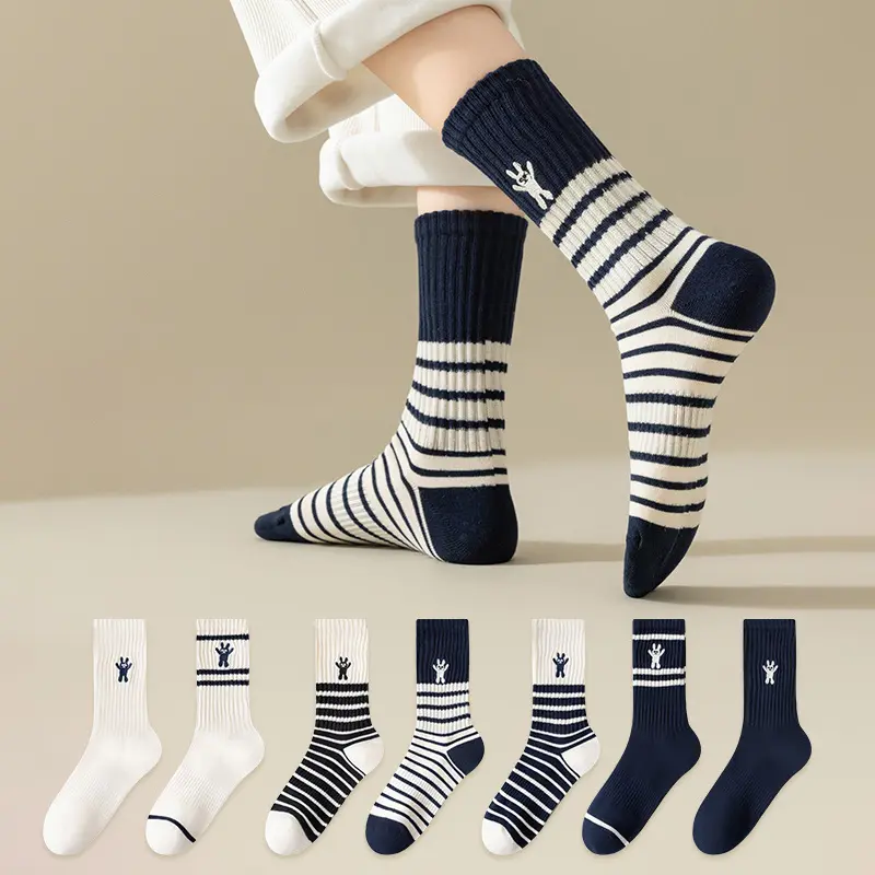 Women's Striped Socks Minimalist Style Embroidered Rabbit Women's  Socks Cotton Socks