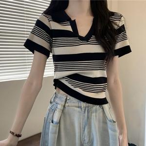 Design Sense Niche Summer American Polo Collar Shoulder Striped Short Sleeve T-shirt Short Ice Silk Sweater Top for Women