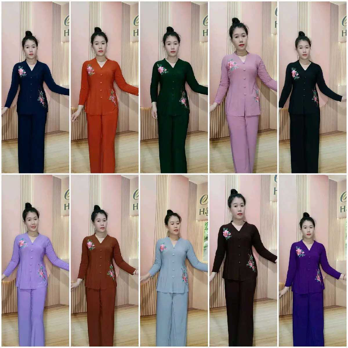 BỘ ĐỒ BÀ LAI THÊU HOA NÚT BỌC VẢI QUẦN ỐNG SUÔNG NHIỀU MÀU BÁN NGUYÊN BỘ Nữ Tay dài Nhung Women Áo Top