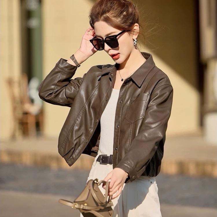 Áo Khoác Da Nữ Quảng Châu Cao Cấp Dáng Ngắn Fom Rộng Màu Đen Nâu Đỏ