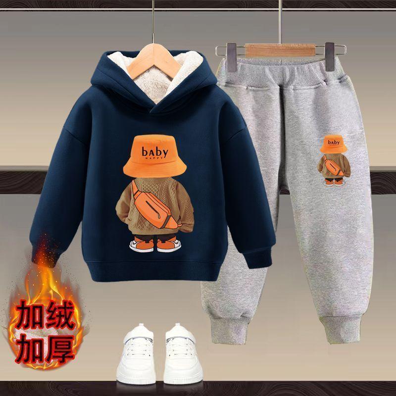 Bộ Đồ Áo Nỉ Có Mũ Trùm Đầu, Cho Trẻ Em, Lót Lông Cừu, Dày Dặn, Thích Hợp Cho Mùa Thu Và Mùa Đông, Cho Bé Trai Và Bé Gái, Phong Cách Phương Tây Mới, Bộ Đồ Ấm Áp Hai Mảnh, Trẻ Em 6