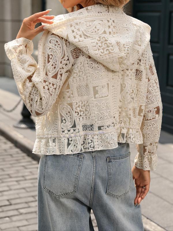 Women's Plain Hollow Out Lace Cardigan, Casual Long Sleeve Cardigan for Daily Wear, Ladies Knitwear for All Seasons, Tops 1