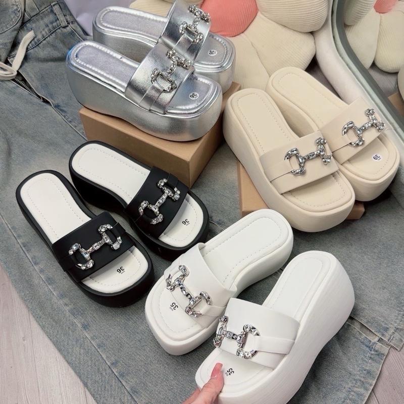 ( chân tròn tăng size) Dép Xuồng Nữ Quai Ngang Da Mềm Khoá Đá cao 7 phân DéP Shoes GiàY dép đế dép kim dép xuồng