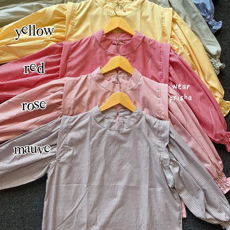 [WEAR PRISHA] ARUNA GINGHAM TOP PUFFY BLOUSE | ATASAN MOTIF TARTAN KOTAK BLUS KATUN LENGAN BALON Katun Baju Wanita Panjang 7