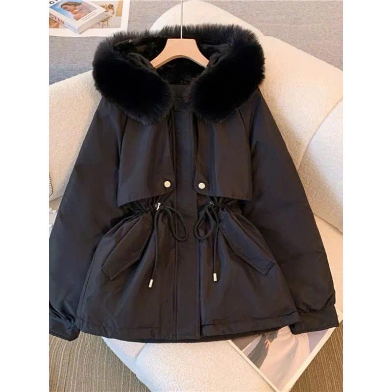 Áo khoác lông Parka nữ mũ lông to đẹp dây rút eo ấm sang chảnh