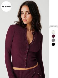 Trendy Solid Color Knit Button-Up Slim Top & High Waist Folded Shorts Co-ord