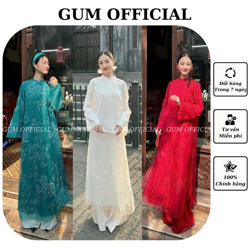 Áo dài cách tân Hồng Sư tay dài thêu họa tiết kì lân sang trọng Gum Official, Set áo dài Nữ dáng xuông tơ thêu nổi - AD021 áo  dài